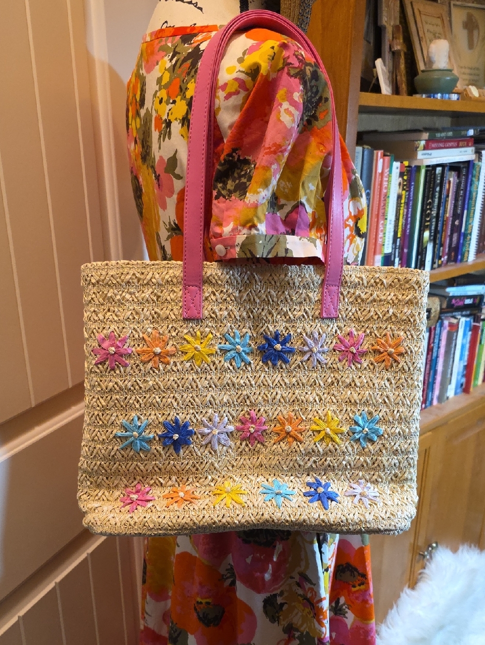 Woven Straw Tote with Pink Handles and Multicolor Floral Accents